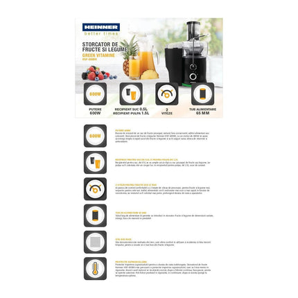 Storcator de fructe si legume Heinner HSF-600BK, 600 W, tub 65 mm, 2 viteze, sita inox - imagine 4