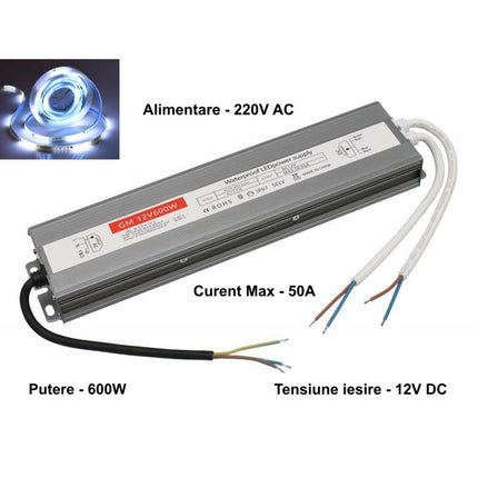 Sursa alimentare slim IP 67 600W 12V 50A