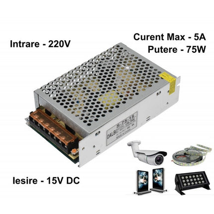 Sursa metalica alimentare 75W-5A 220V 15V 75W 5A