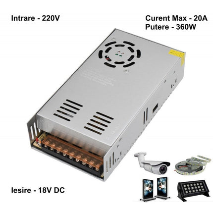 Sursa metalica alimentare 220V 18V 360W 20A