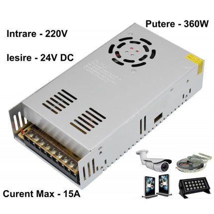 Sursa alimentare metalica 220V 24V 360W 15A