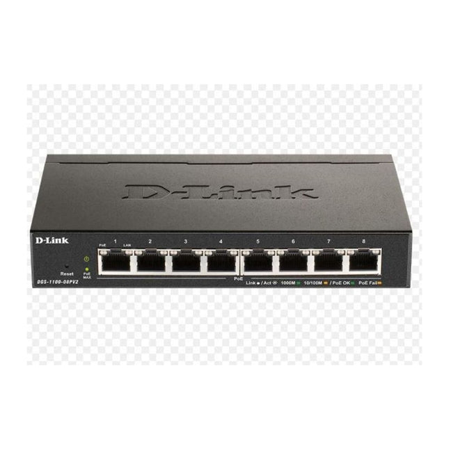 Switch D-Link DGS-1100-08V2, 8 porturi Gigabit, Easy Smart (VLAN, QoS), fara ventilator