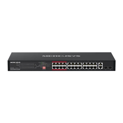 Switch PoE rackabil Mercusys MS126CP, 24 porturi 10/100 PoE+ 293 W + 2 Gigabit + 2 SFP, 1U