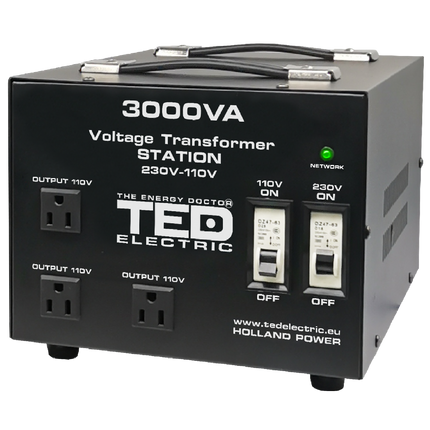Transformator de tensiune, Convertor de la 220V la 110V si Reversibil 3000VA 2400W cu Carcasa si Regleta, TED Electric TED000248
