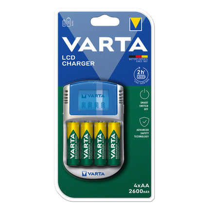 Incarcator Baterii Reincarcabile, Include 4x AA LR6 2600mAh, LCD CHARGER cu Alimentator AUTO si USB, Varta 57070 201 401