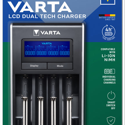 Incarcator Baterii Reincarcabile, Fara Acumulatori, LCD DUAL TECH cu 4 Canale de Incarcare Individuala Ni-Mh Li-Ion, Varta 57676 101 401